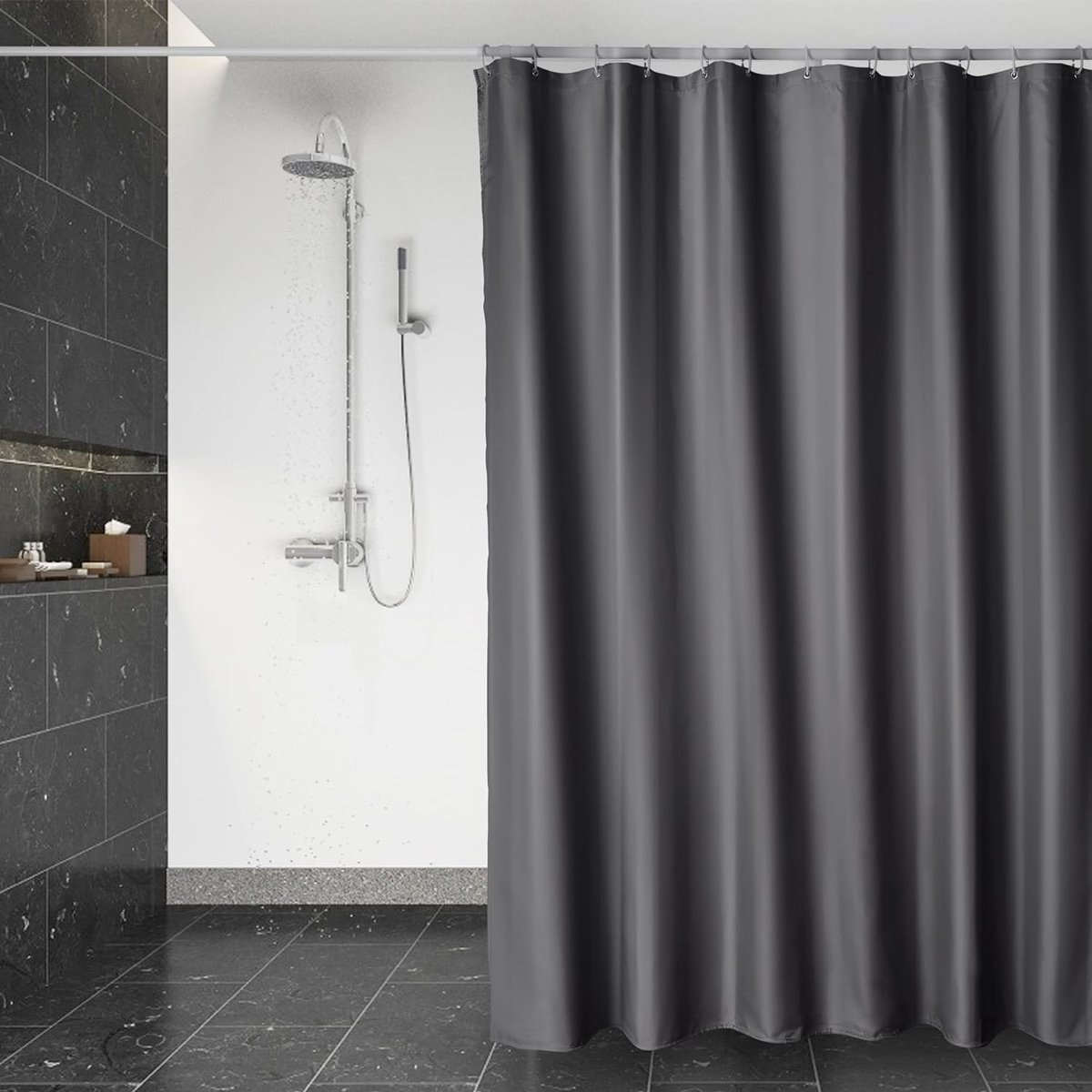 Douchegordijn, waterdicht, wasbaar, sneldrogend, textielstof, polyester, badgordijn met 12 douchegordijnringen, transparant, donkergrijs (180 x 200 cm)