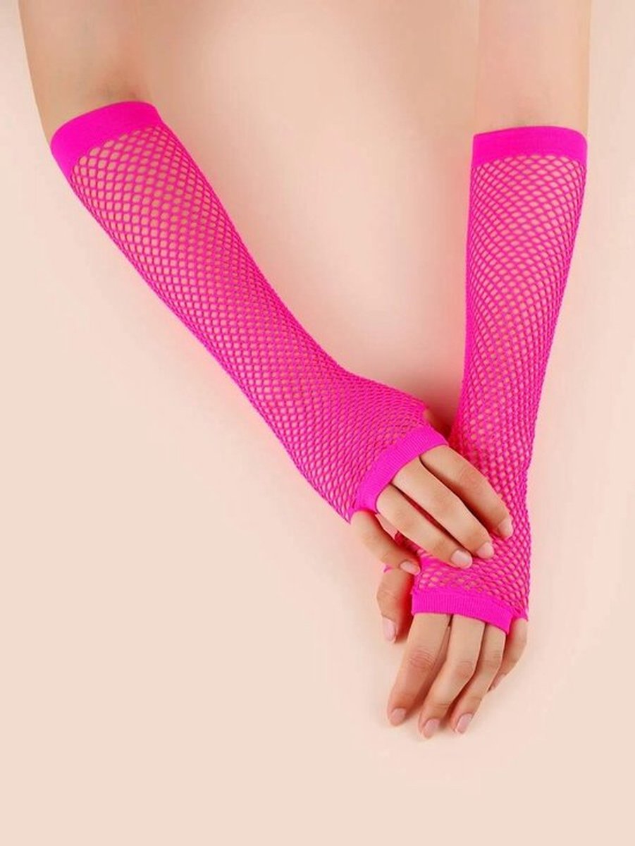 Vingerloze Lange Visnet Handschoenen FLUO NEON ROZE dames | One Size | Carnaval outfit | Nethandschoenen | Visgraat | Fishnet | Carnavalskleding | Kamping Kitch | Foute Party accessoire | Verkleden