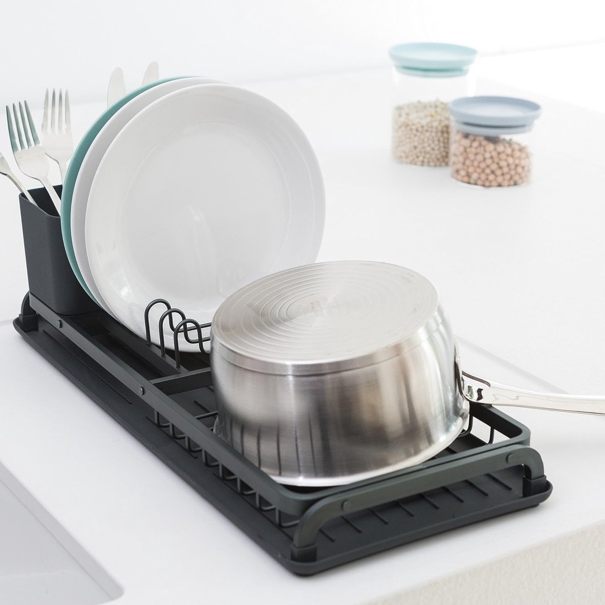 Goedkoopste Afdruiprek voor Vaatdrogen, Eenvoudig te Reinigen, Lekbak en Uitneembare Bestekmand, Corrosiebestendig Aluminium Rek, 20 x 46 cm, Lichtgrijs