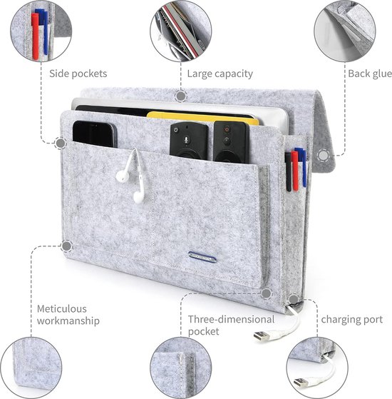 Foto: Vilten bedplank organizer opbergzak organizertas opbergtas anti slip caddy bedside opknoping opslag organisator multifunctionele bed pockets voor boek ipad mobiele telefoons 34x5x22 5cm donker grijs