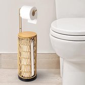 Vrijstaande toiletrolhouder met plank, badkamertoiletrolhouder, staand, Boho rotan toiletpapieropslag, zwarte toiletpapierstandaard voor 4 rollen toiletpapier