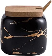 Kruidenpotje met marmeren look, van keramiek, 360 ml, suikerpot, kruidenhouder, met deksel en lepel, 9 x 8,7 cm (zwart)