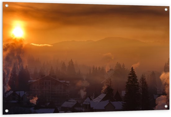 Tuinposter – Huizen - Zonsondergang - Sneeuw - Winter - 120x80 cm Foto op Tuinposter (wanddecoratie voor buiten en binnen)