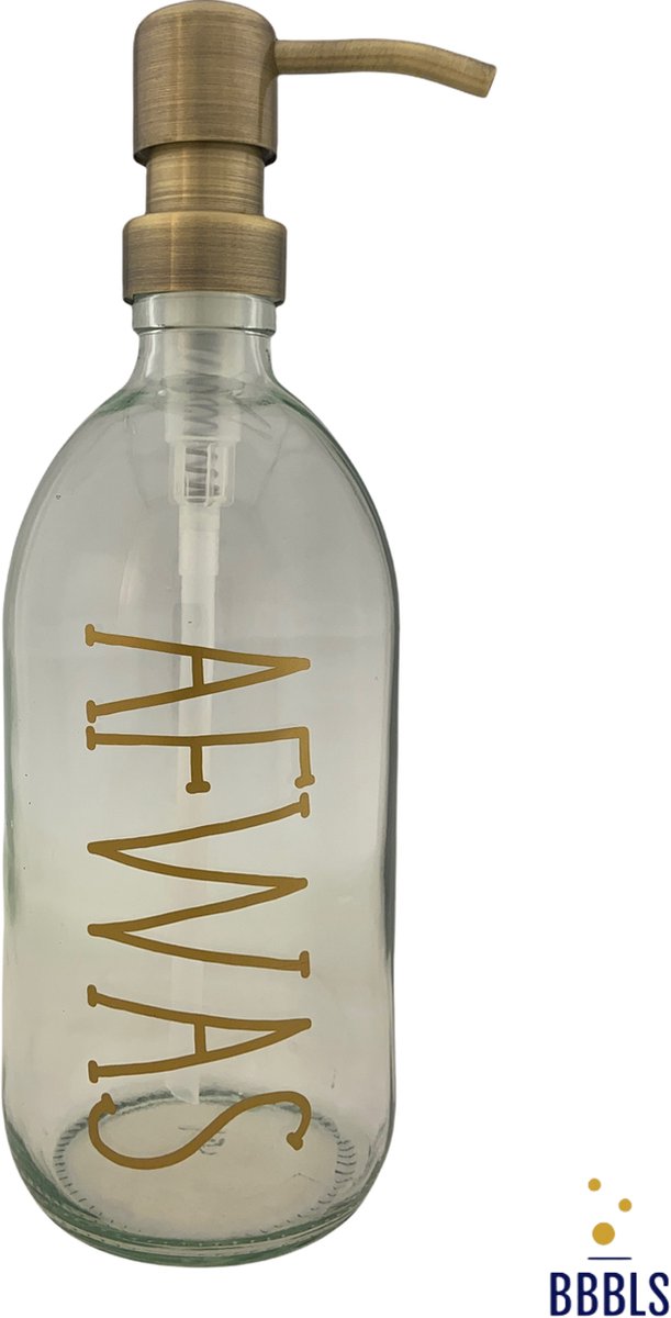 BBBLS Design Dispenser "Afwas" | Transparant Kunststof | 500ml | RVS / Metaal Pomp Goud | Zeeppomp | Zeepdispenser | Zeephouder