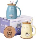 HOTUT schattige kat mok met deksel, dierlijke thee beker,schattige keramische koffiemok met lepel, melk mok theekop verjaardagscadeau voor vriendin,meisjes,jongens,vrouwen en mannen - bruine