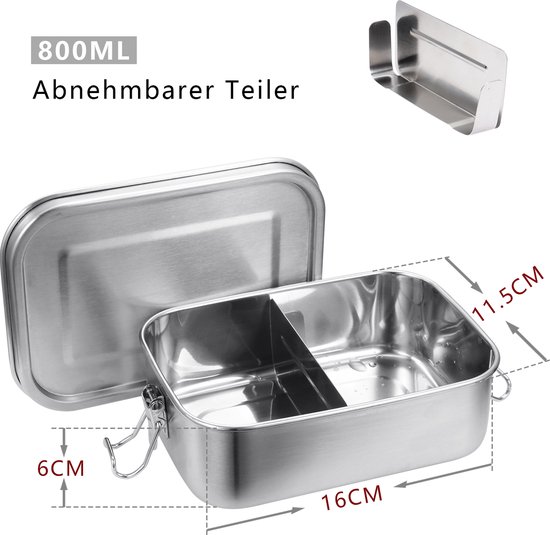 Boîte à déjeuner 800 ml en acier inoxydable Boîte à pain Take a Break - avec séparateur - Acier inoxydable - Boîte à pain avec compartiments amovibles - Boîte à bento - Récipient thermique pour boîte à déjeuner
