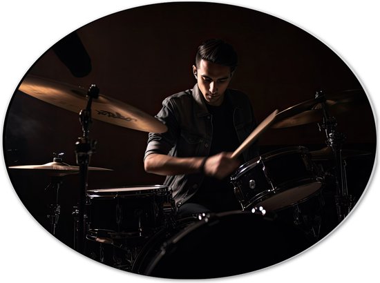 Dibond Ovaal - Man - Drummen - Muziek - Donker - Hobby - 40x30 cm Foto op Ovaal (Met Ophangsysteem)