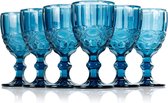Gekleurde glazen kelk, set van 6, wijnglazen met reliëf, 10 oz verdikt wijnglas van glas, voor sapdrinken, bruiloft, wijnglas (kleur: blauw, maat: serpentijn)