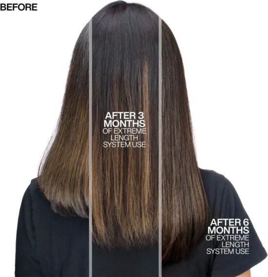 Voor, na 3 maanden en na 6 maanden gebruik van Redken Extreme Length system op donker haar.