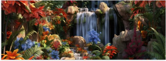 Poster Glanzend – Waterval - Bloemen- Kleuren - Planten - 60x20 cm Foto op Posterpapier met Glanzende Afwerking