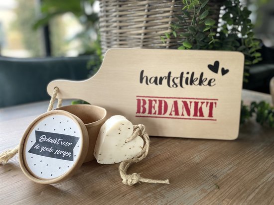 Creaties van Hier - serveerplankje - bedankt met zeepje - 35 cm - hout - glas