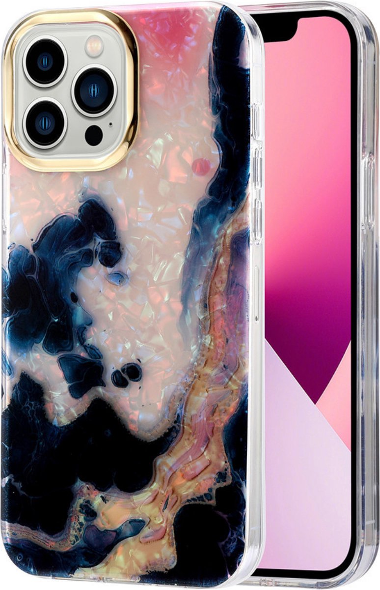 Hoozey - Hoesje geschikt voor Apple iPhone 15 - Pearl Case - Donker Blauw / Roze