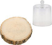 Decoratie stolp met boomschijf - glas/hout - D17 x H16 cm - deco cloche - hobby/woonaccessoire