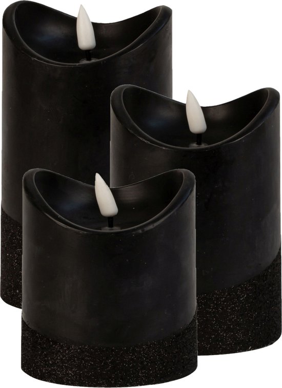 LED stompkaarsen - set 3x st - zwart - warm wit licht - wax - H10, H12,5 en H15 cm