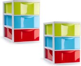 Plasticforte ladeblokje/bureau organizer - 2x - 3 lades - multi kleuren - L18 x B25 x H25 cm