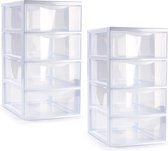 Plasticforte ladeblokje/bureau organizer - 2x - 4 lades - transparant/wit - L18 x B25 x H33 cm