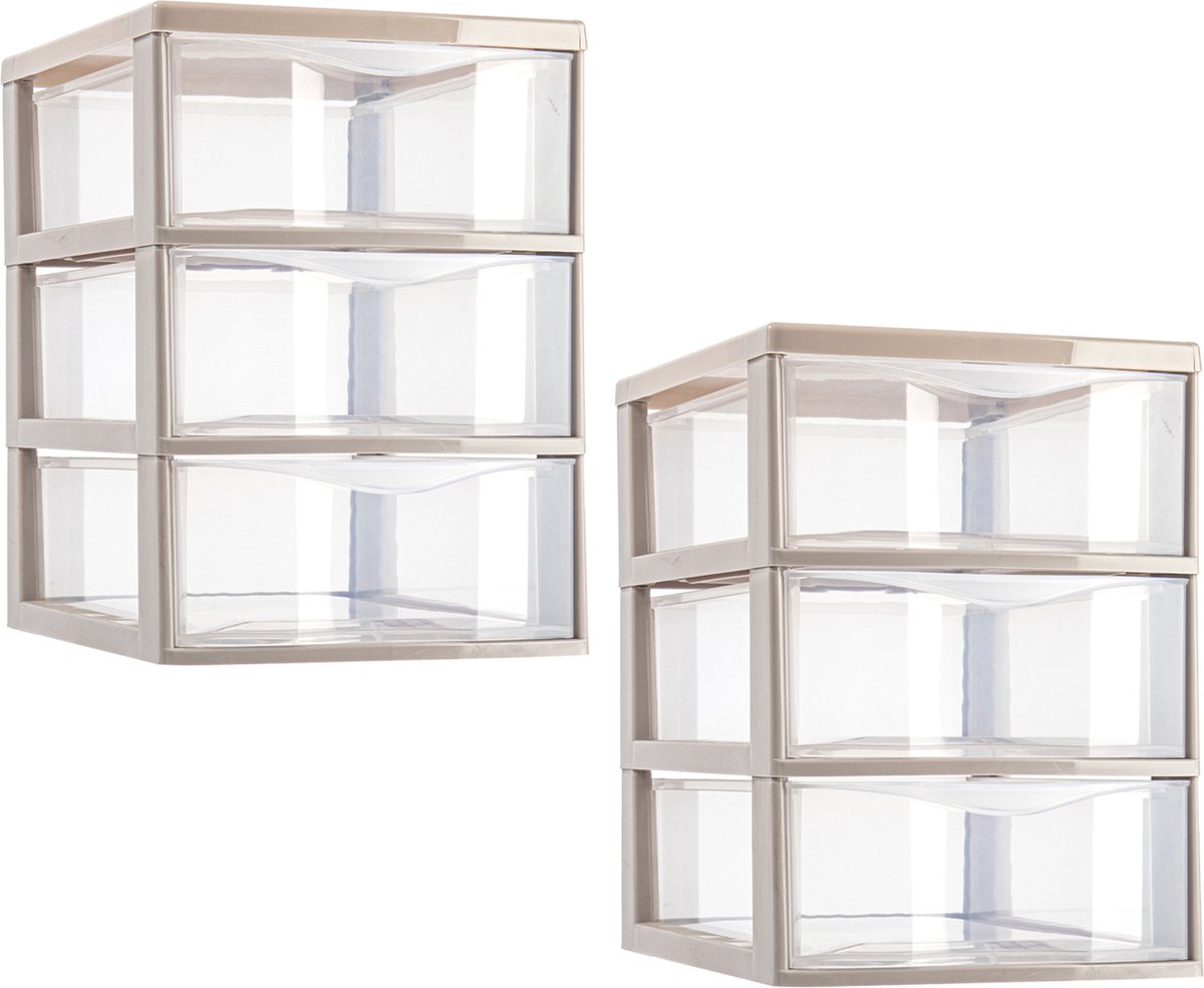 Plasticforte ladeblokje/bureau organizer - 2x - 3 lades - transparant/beige - L18 x B25 x H25 cm