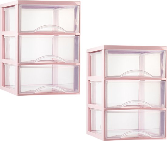 Plasticforte ladeblokje/bureau organizer - 2x - 3 lades - transparant/roze - L26 x B36 x H37 cm