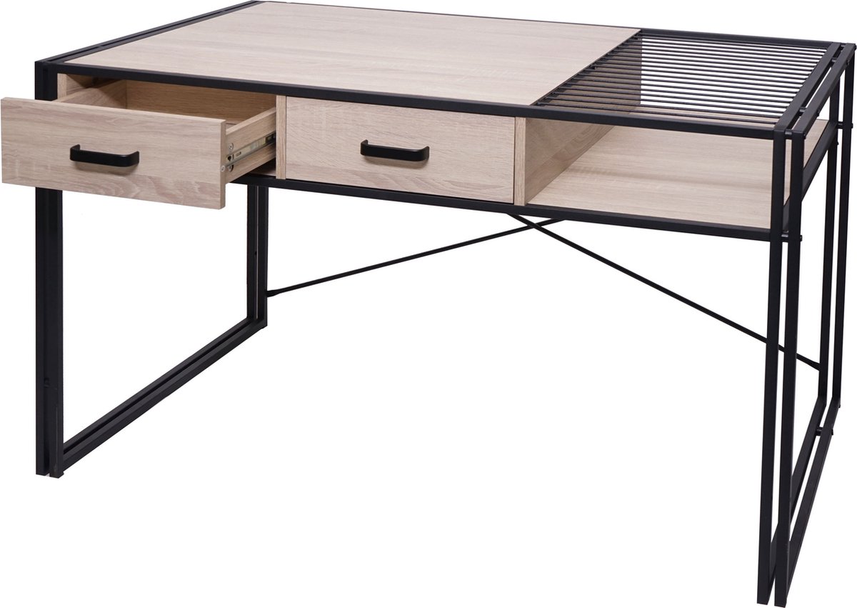 MCW Bureau MCW-H91, bureau computer, industrieel 76x120x70cm ~ eiken look