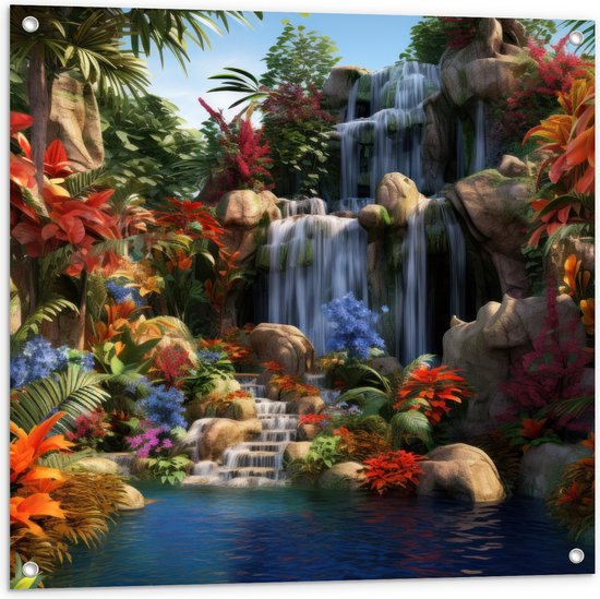 Tuinposter – Waterval - Bloemen- Kleuren - Planten - 80x80 cm Foto op Tuinposter (wanddecoratie voor buiten en binnen)
