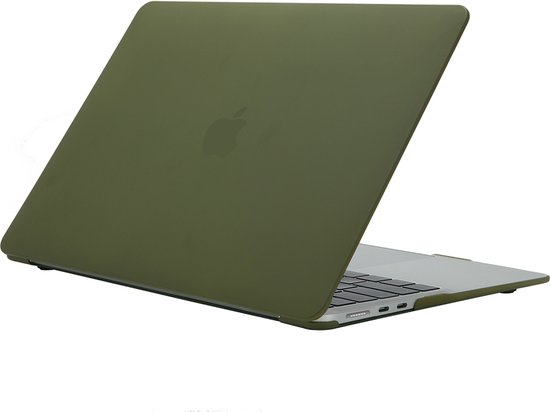 Coque d'ordinateur portable rigide verte avec logo Apple discret, mi-ouverte.