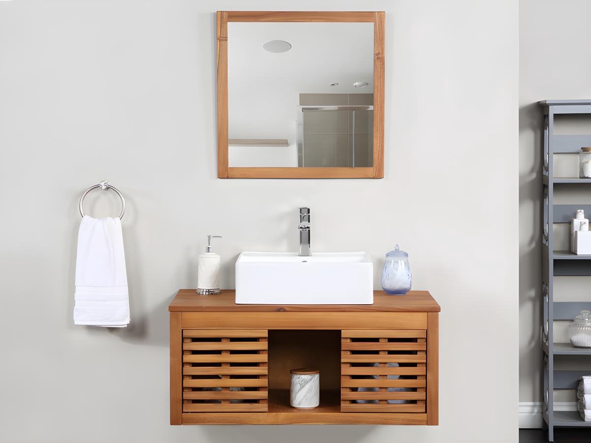 Hangend badkamermeubel van acaciahout met enkele wastafel en spiegel - 90 cm - PENEBEL L 90 cm x H 40 cm x D 50 cm