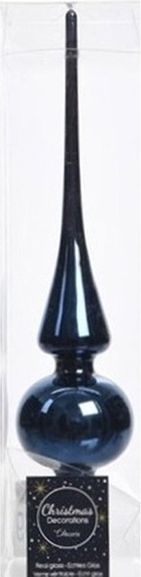Pointe de sapin de Noël en verre bleu foncé brillant avec une base sphérique et un sommet pointu, 26 cm, dans son emballage.