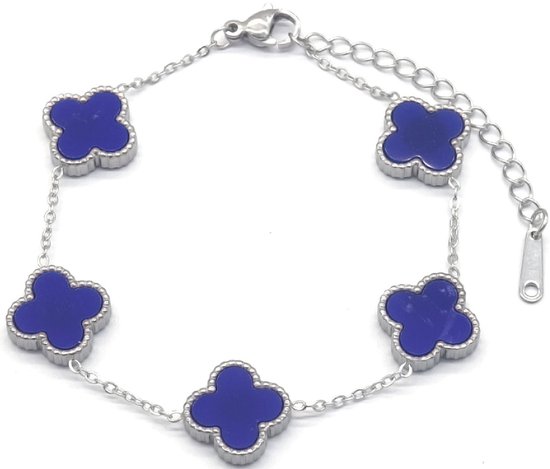 Bracelet Femme - Trèfles - Acier Inoxydable - Longueur 17-21 cm - Argent et Blauw