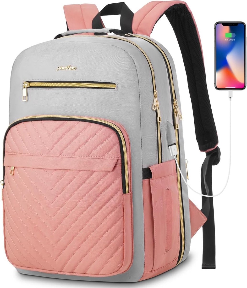 Laptoptas 17.3 inch - Grijs/roze - USB-oplaadpoort - 47 x 33 x 15 cm - Rugzak voor kantoor, school, werk, reizen - 35 L - Veel opbergruimte