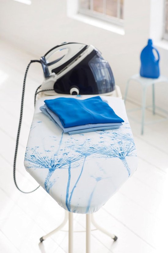 Brabantia - Strijkplank B - Verstelbare Werkhoogte - Opvouwbaar Frame - Strijkijzerhouder - Veerkrachtige Schuimlaag - Transportvergrendeling - Kinderslot - Anti-slip - Bubbles - 124x38 cm