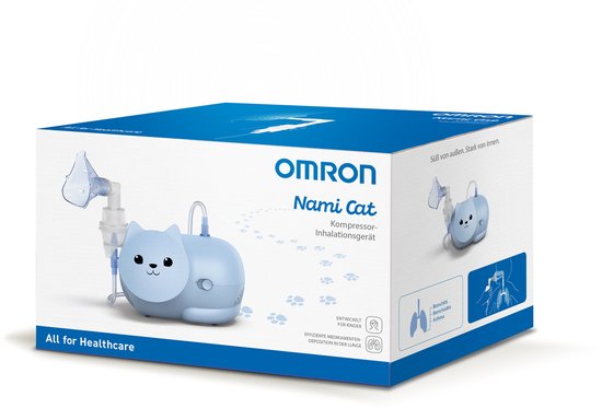 Omron Nami Cat Compressor Vernevelaar in de vorm van een blauwe kat, met mondstuk en buis, verpakt.