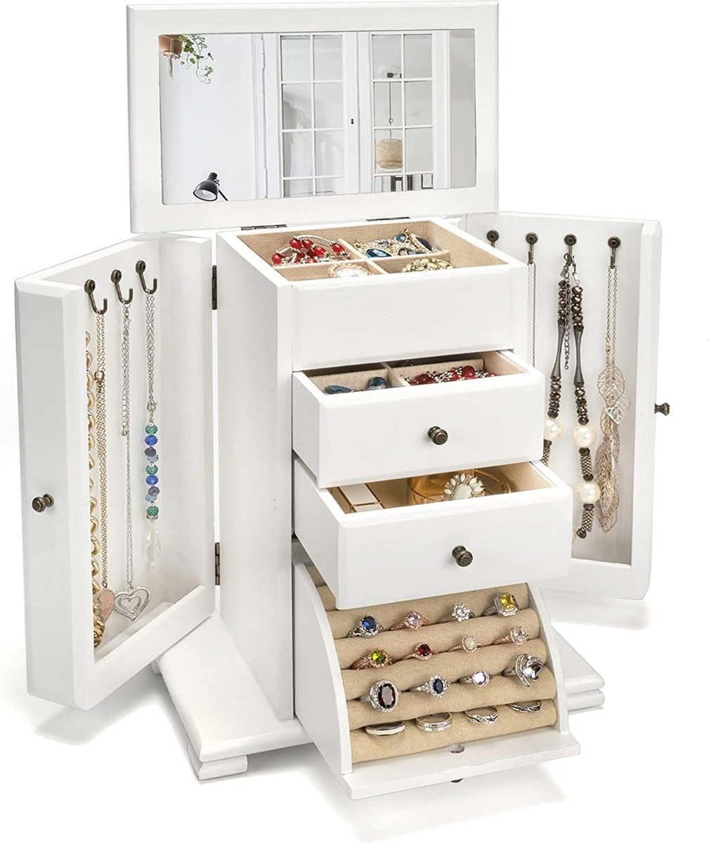 Sieradendoos meisjes, rustiek hout grote sieradendozen organizer met spiegel, 4-laags sieradendoos voor ringen, oorbellen, kettingen, armbanden (verweerd wit)
