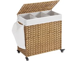 SONGMICS Wasmand, handgeweven, wasverzamelaar, 140 L, gemaakt van polyrattan, met 3 compartimenten, uitneembare zak, deksel, handvaten, voor woonkamer, badkamer, 66 x 33 x 60 cm, kleur naturel LCB363N01