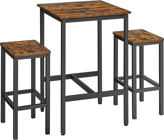 Ensemble table de bar avec tabourets de bar, table à manger avec 2 chaises, petite table de cuisine 60 x 60 x 90 cm, tabourets de bar 30 x 40 x 65 cm, pour salle à manger, cuisine, design industriel, vintage marron-noir LBT017B01