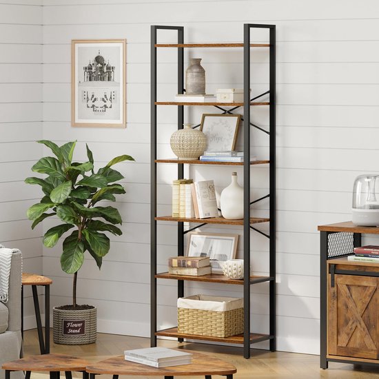 WOLTU Boekenkast met 5 etages met 2 laden, industrieel stalen frame, woonkamer/kantoor/studie/keuken/slaapkamer, rustiek bruin zwart