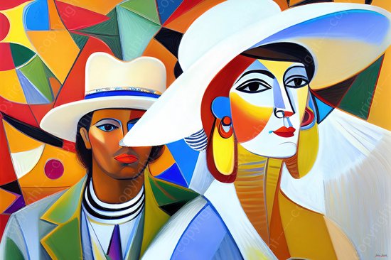JJ-Art (Canvas) 120x80 | Man en vrouw, Cuba Havana, Picasso stijl, kleurrijk, felle kleuren, abstract, kunst, woonkamer slaapkamer | hoed, mens, vintage, tropisch, Zuid Amerika, blauw, oranje, rood, wit, groen, modern | Foto-Schilderij print