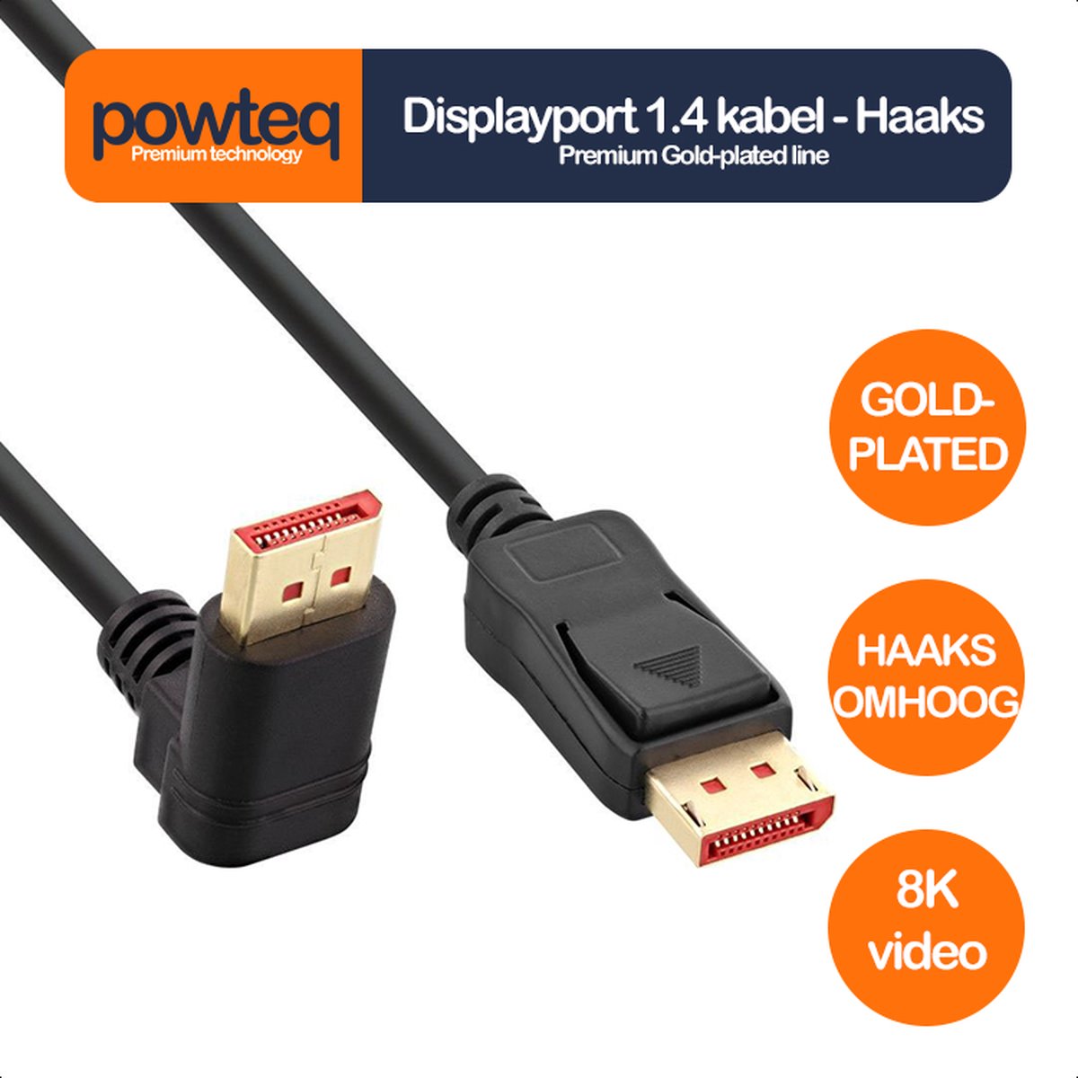 InLine DisplayPort 1.4 Kabel – 3 Meter, Rechtshoekig, Verguld, 8K/4K @60Hz, Zwart/goud, Drielaags Afgeschermd