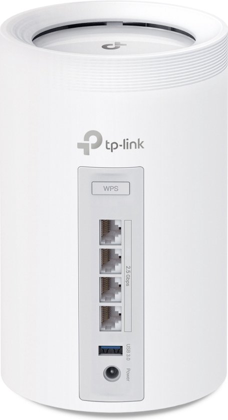 Achterkant van een witte Deco router met 'tp-link' logo, WPS-knop, 4x 2.5Gbps ethernetpoorten en USB-poort.