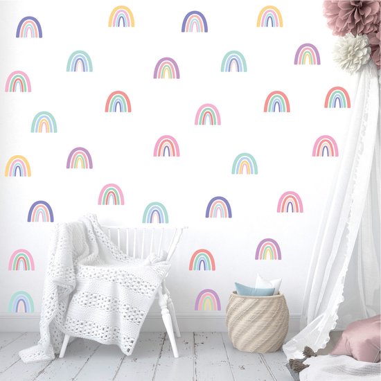 Regenboog Muursticker - Verschillende afmetingen - 96 Stuks - Regenboogjes - kinderkamer - Babykamer - PVC - Wanddecoratie