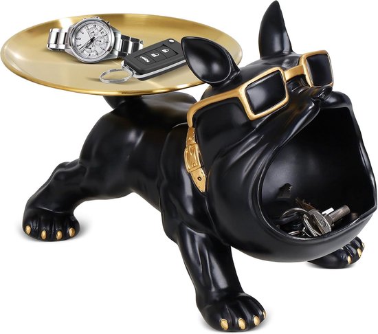 Bulldog Opbergsculptuur met Lade, Franse Bulldog Sleutelhanger Juwelenopbergdoos met Grote Mond, Multifunctionele Opbergsculptuur, Entree Kunst Standbeeld Huis Desktop Sieraad Decoratie.