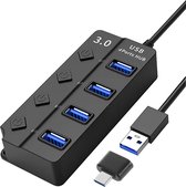 Garpex® Hub USB 3.0 - 4 Portes - Répartiteur - Hub / Adaptateur USB C - Universel - Interrupteur On Off - Zwart