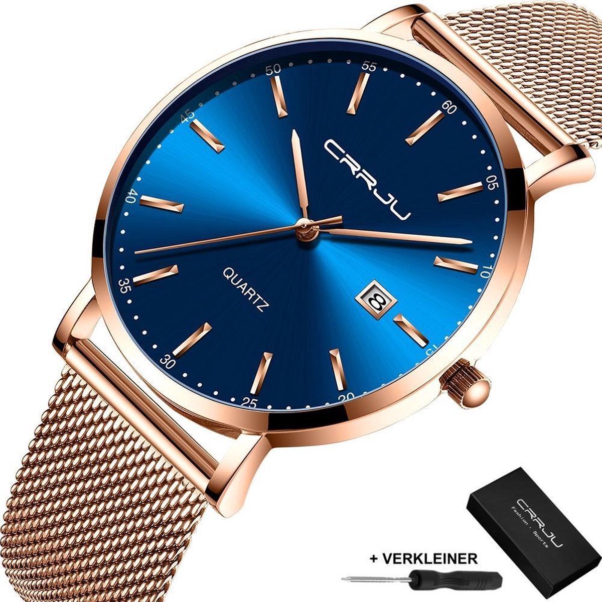 CRRJU - Horloge Heren Dames Unisex - Cadeau voor Vrouw en Man - 41 mm - Rosé Blauw