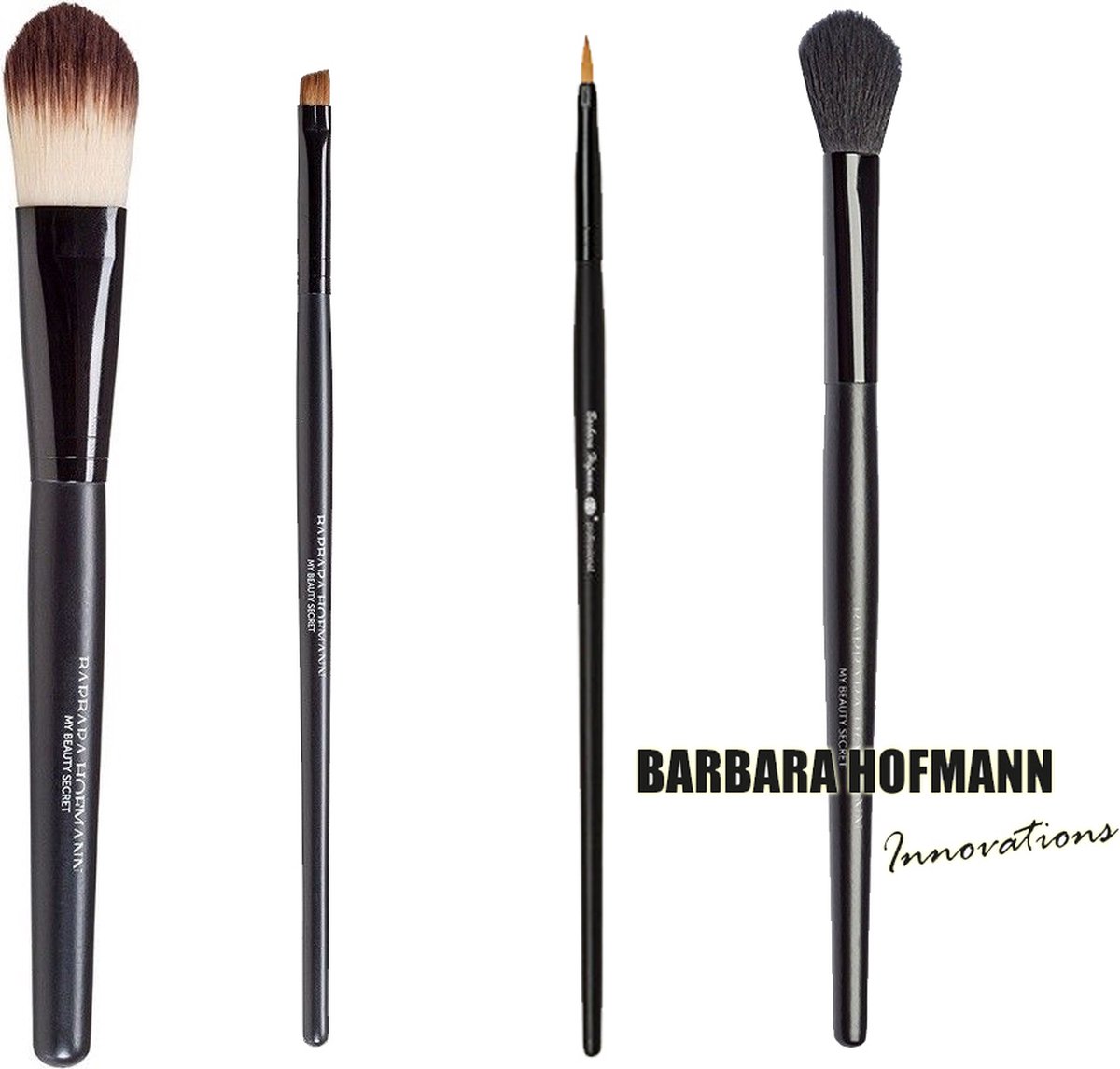 Profesionele make-up kwast set van barbara Hofmann - Foundation Brush, Eye Liner Brush, Angular Eyeshadow Brush en een Highlighter Brush.