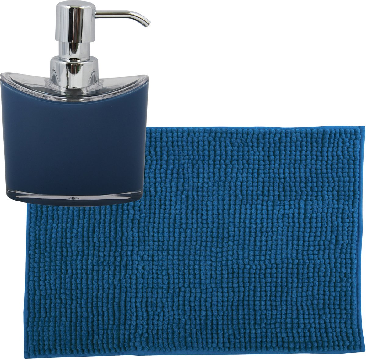 MSV badkamer droogloop mat tapijtje 40 x 60 cm en zelfde kleur zeeppompje 260 ml blauw