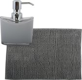 MSV badkamer droogloop mat/tapijtje - 40 x 60 cm - en zelfde kleur zeeppompje 260 ml - grijs