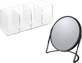 Spirella Make-up organizer en spiegel set - 4 vakjes - plastic/metaal - 5x zoom spiegel - zwart/transparant
