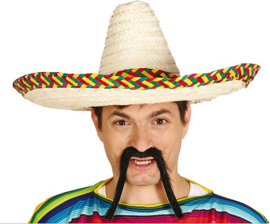 Ensemble de costumes de carnaval - Chapeau sombrero mexicain avec moustache autocollante - naturel - homme