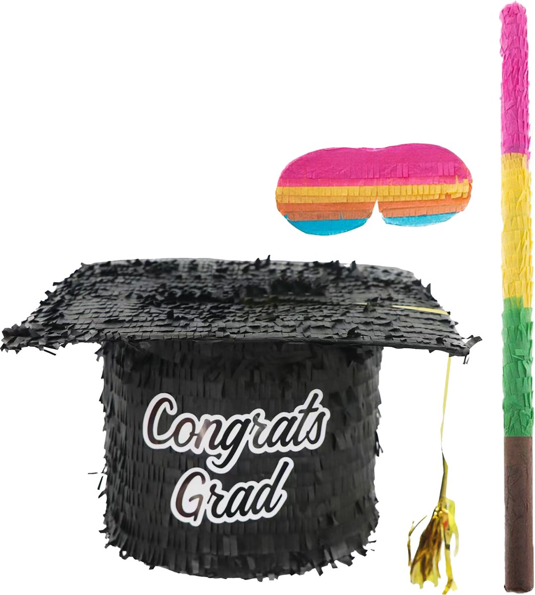 Funny Fashion Pinata Geslaagd thema Afstudeerhoedje - 28 x 29 cm - papier - set met stok 54 cm en masker