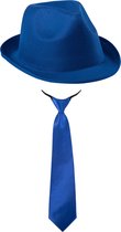 Carnaval verkleed set - hoedje en stropdas - blauw - volwassenen