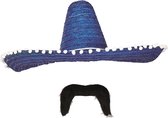 Carnaval verkleed set - Mexicaanse sombrero hoed 60 cm met plaksnor - blauw - heren